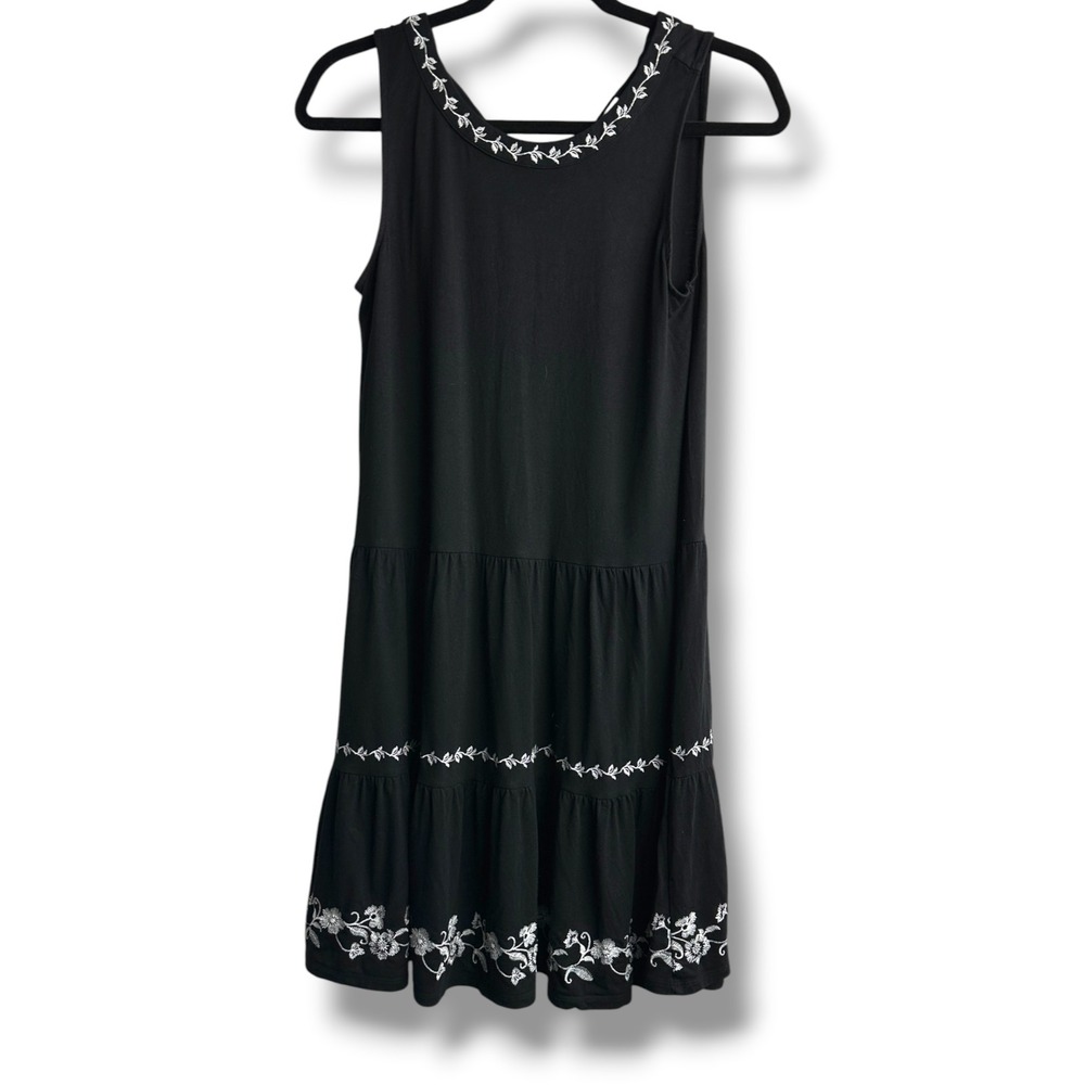 LOFT Tiered Mini Dress Womens XS Black White Floral Embroidered Sleeveless Tie
